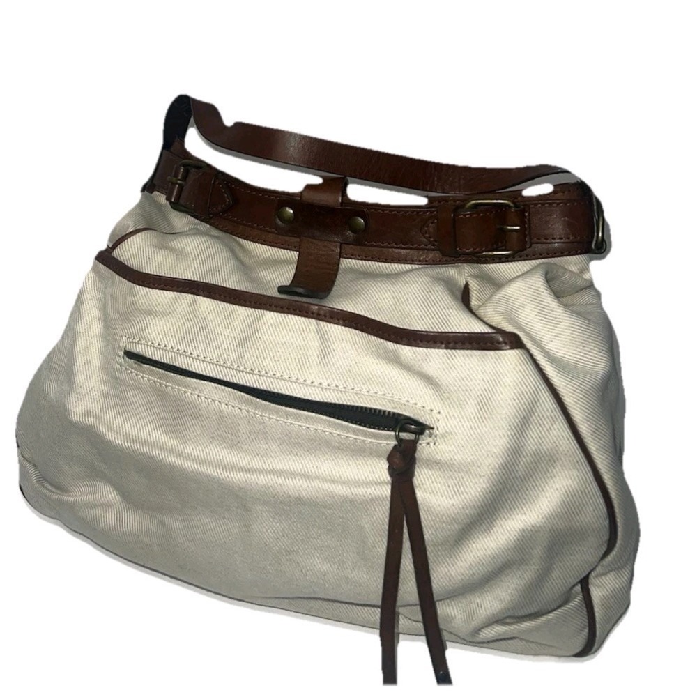 Massimo Dutti Creme Woven Cotton Brown Leather Shoulder / Cross Tote Bag $290